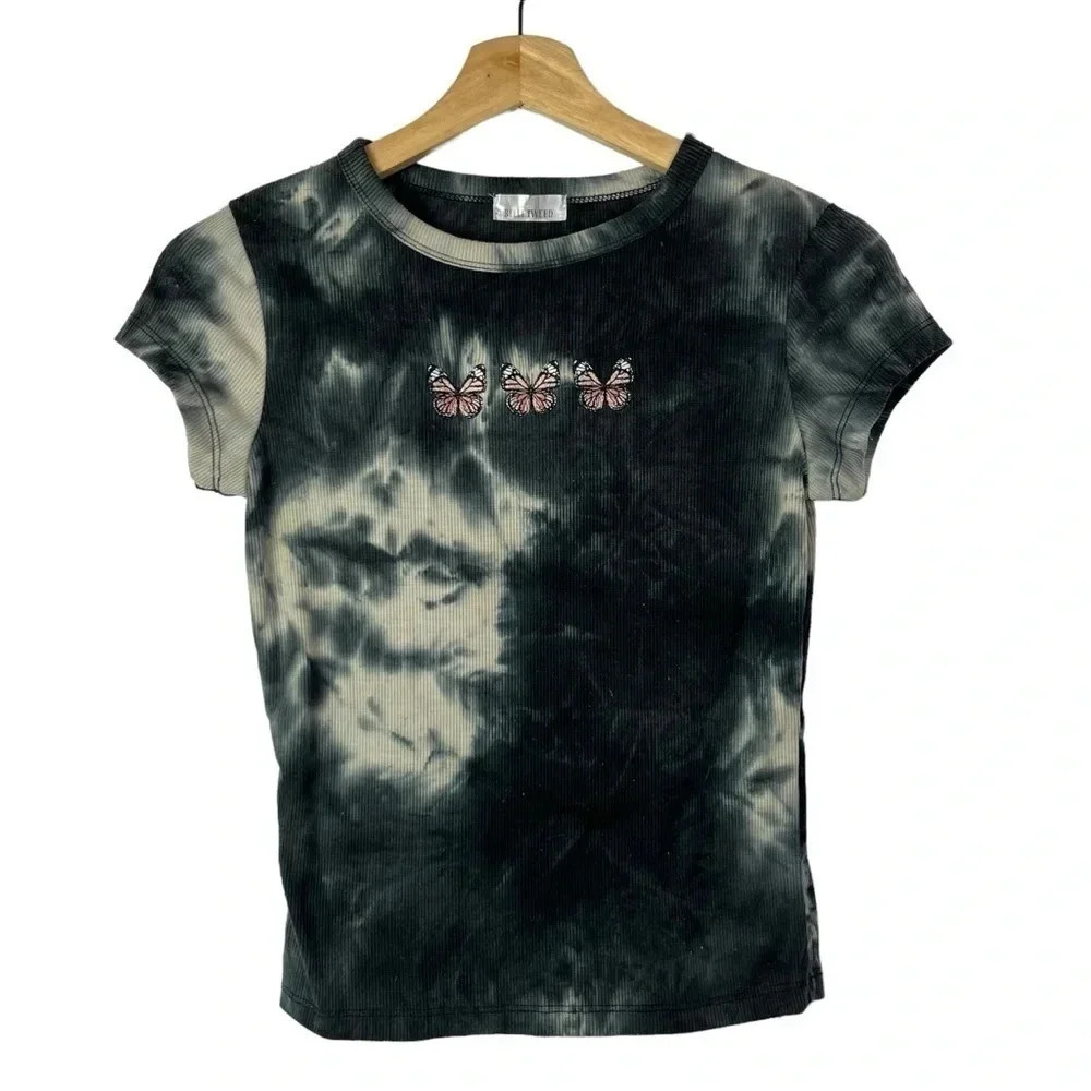 Belle Tweed Navy Blue Tie Dye Ribbed Butterfly Short Sleeve T-Shirt XS